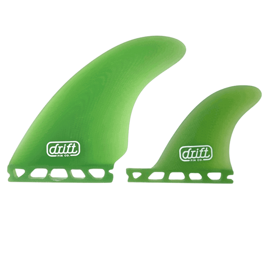 Drift Fin Co. - Twin Plus Trailer - Twin Plus Trailer, Futures base with a green color. One large fin in front of the smaller trailer fin, highlighting the size difference.