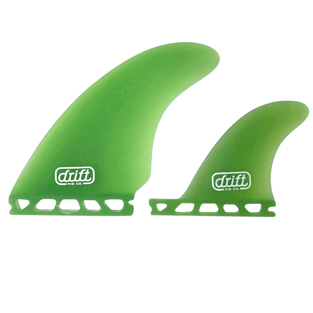 Drift Fin Co. - Twin Plus Trailer - Twin Plus Trailer, Futures base with a green color. One large fin in front of the smaller trailer fin, highlighting the size difference.