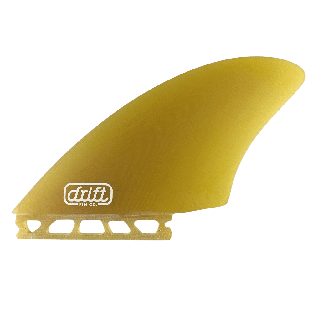  A golden colored surfboard keel fin, radiating energy and excitement. The fin boasts a golden color color, adding a vibrant touch to the surfboard. Positioned near the tail, the keel fin provides stability and enhances maneuverability, allowing for an exhilarating and dynamic surfing experience.